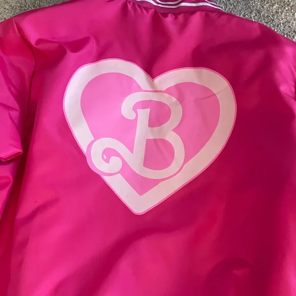 Girl’s Barbie Bomber Jacket hot pink striped warm oversize classic XL - Picture 5 of 5